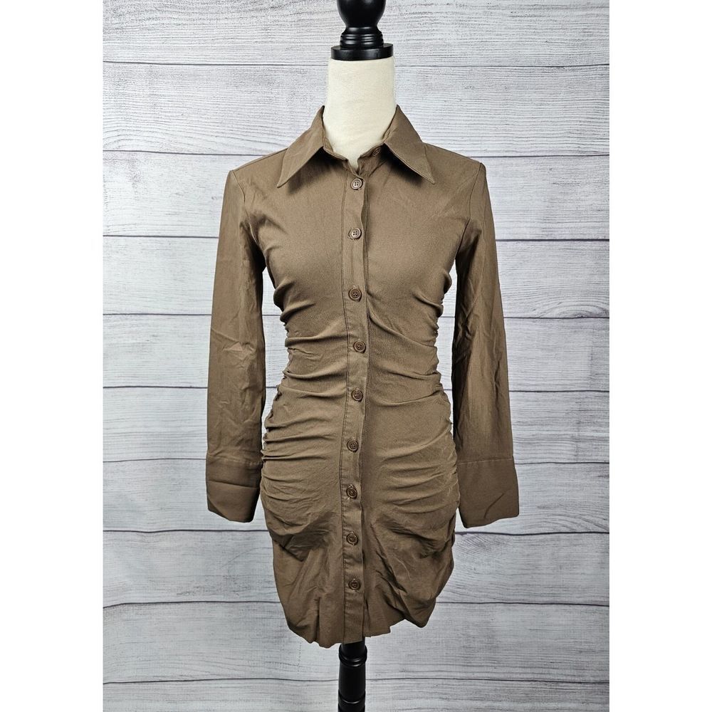 Zara Button Up Bodycon Shirt Dress with Ruching Tan Size Medium - Picture 6 of 11